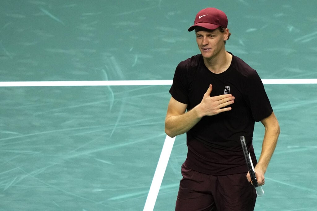 Italy's Jannik Sinner celebrates after winning against Canada's Felix Auger-Aliassime at the end of their men's singles final match on day seven of the Paris ATP Masters 1000 tennis tournament at the Paris La Défense Arena in Nanterre, on the outskirts of Paris, on November 2, 2025.