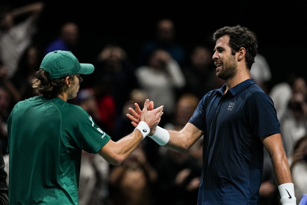 Alex De Minaur (L) of Australia greets Karen Khachanov after their Men's Singles Third Round match during day four of the Rolex Paris Masters 2025 on October 30, 2025.