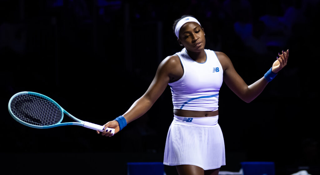 Coco Gauff of the United States in action against Jessica Pegula of the United States in the first round robin singles match on Day 2 of the WTA Finals Riyadh as part of the Hologic WTA Tour 2025 at King Saud University Indoor Arena on November 02, 2025 in Riyadh, Saudi Arabia.