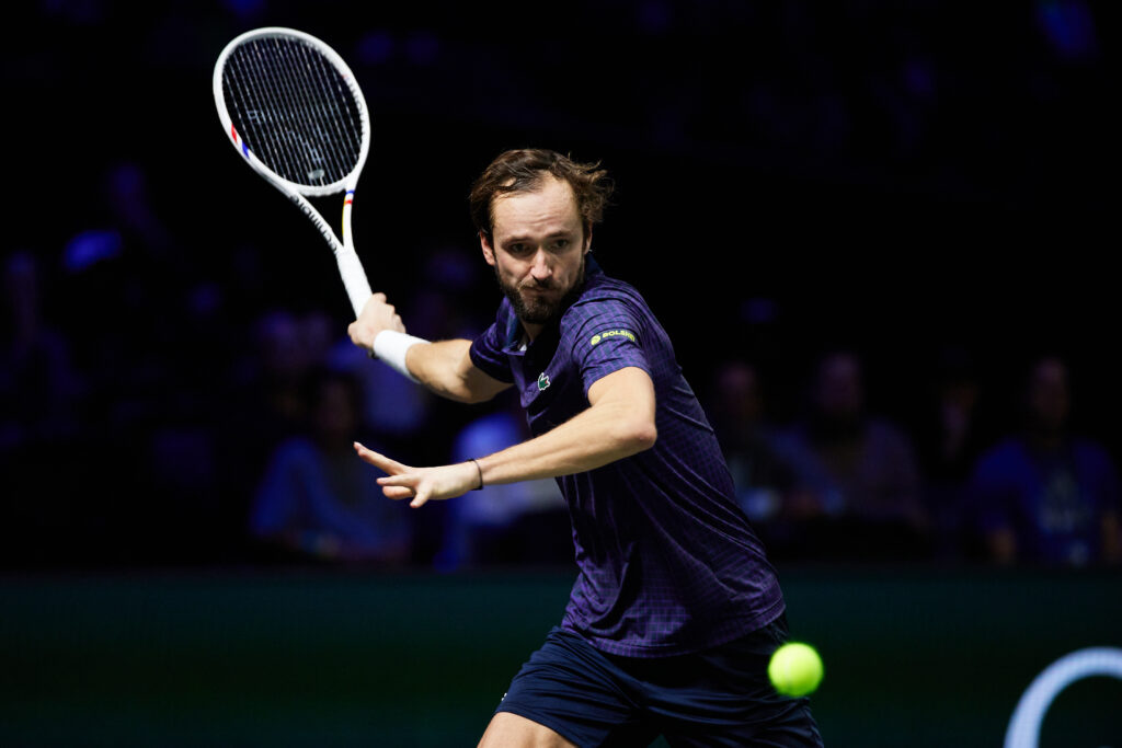Daniil Medvedev looks to return a ball in the Men's Singles Quarter Finals match against Alexander Zverev of Germany during day five of the Rolex Paris Masters 2025