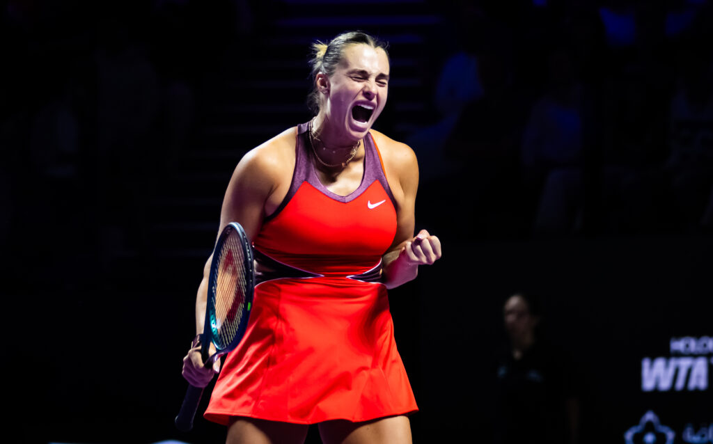 Aryna Sabalenka in action against Jessica Pegula of the United States during the second round robin singles match on Day 4 of the WTA Finals Riyadh as part of the Hologic WTA Tour 2025 at King Saud University Indoor Arena on November 04, 2025 in Riyadh.