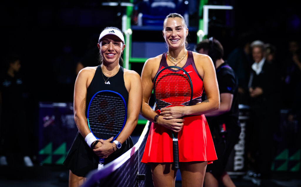 Jessica Pegula of the United States and Aryna Sabalenka pose for a photo before the second round robin singles match on Day 4 of the WTA Finals