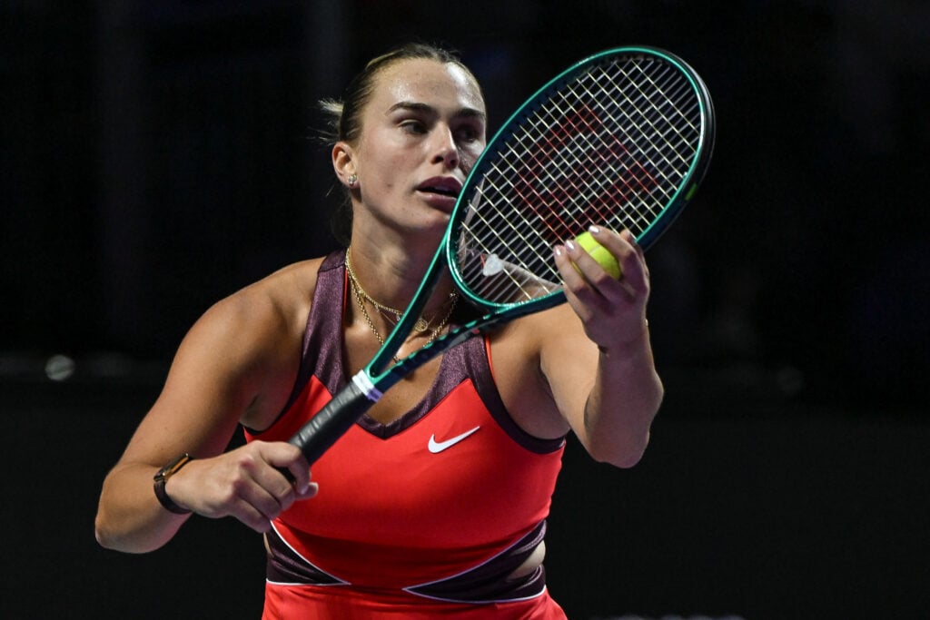 Aryna Sabalenka prepares to serve