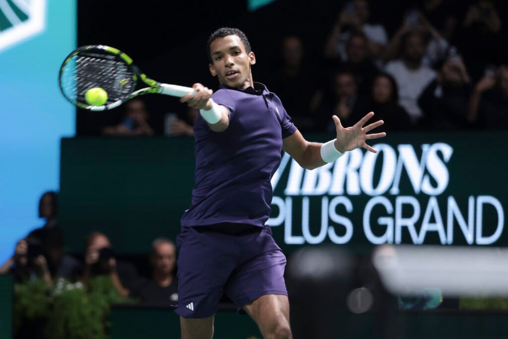 Felix Auger-Aliassime of Canada against Alexander Bublik of Kazakhstan during their semifinal on day six of the Rolex Paris Masters 2025, an ATP 1000 tennis tournament at Paris Defense Arena