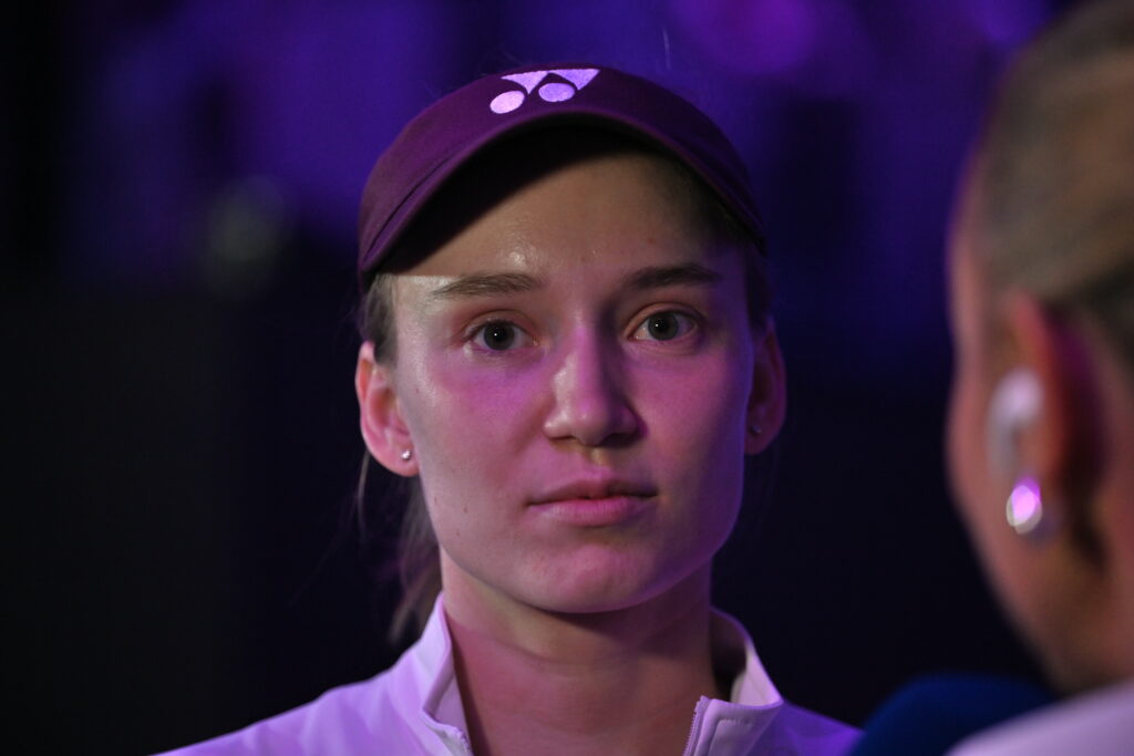 Elena Rybakina of Kazakhstan plays against Ekaterina Alexandrova (not seen) during their final group-stage match on Day 5 of the 2025 WTA Finals