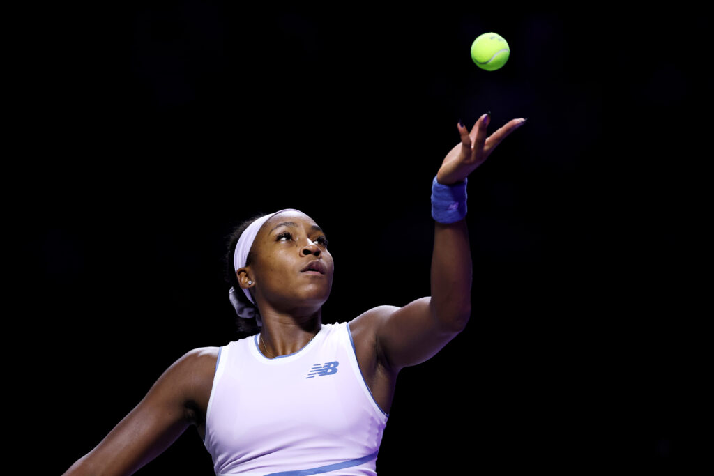 Coco Gauff of United States serves against Jessica Pegula of United States during their Round Robin Singles match on day two of the WTA Finals