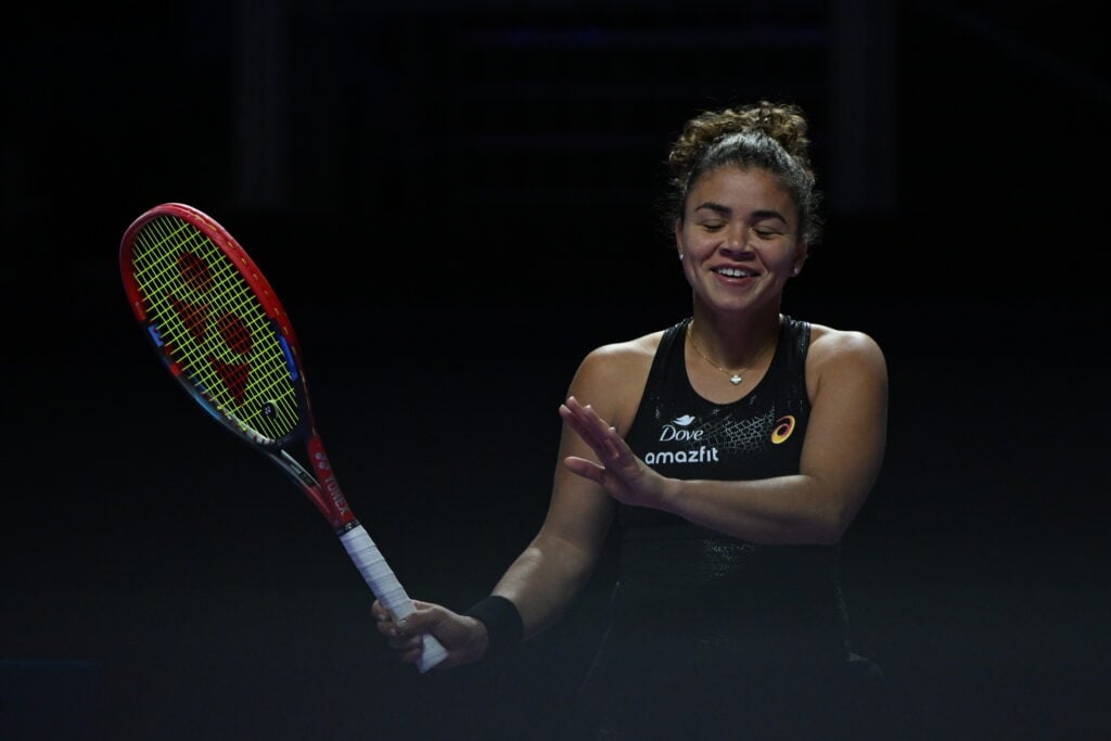 Jasmine Paolini of Italy in action against Jessica Pegula (not seen) of the United States during their final group-stage match, with a place in the semi-finals on the line, on Day 6 of the 2025 WTA Finals, part of the Hologic WTA Tour, at King Saud University Indoor Arena in Riyadh, Saudi Arabia, on November 6, 2025.