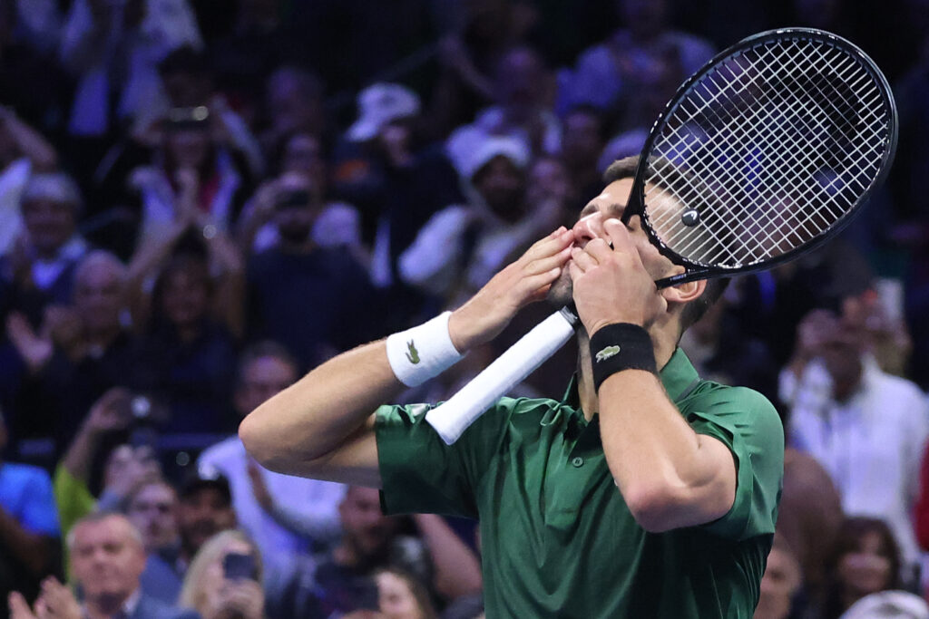 Novak Djokovic of Serbia celebrates after winning against Nuno Borges of Portugal during the Hellenic Championship ATP 250, at OAKA Olympic Athletic Center, in Athens, Greece, on November 6, 2025.