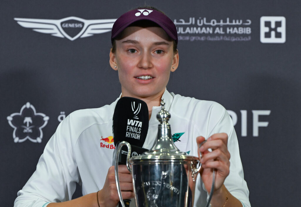 The winner, Elena Rybakina of Kazakhstan, speaks to the media following her victory over Aryna Sabalenka in the singles final at the 2025 WTA Finals.