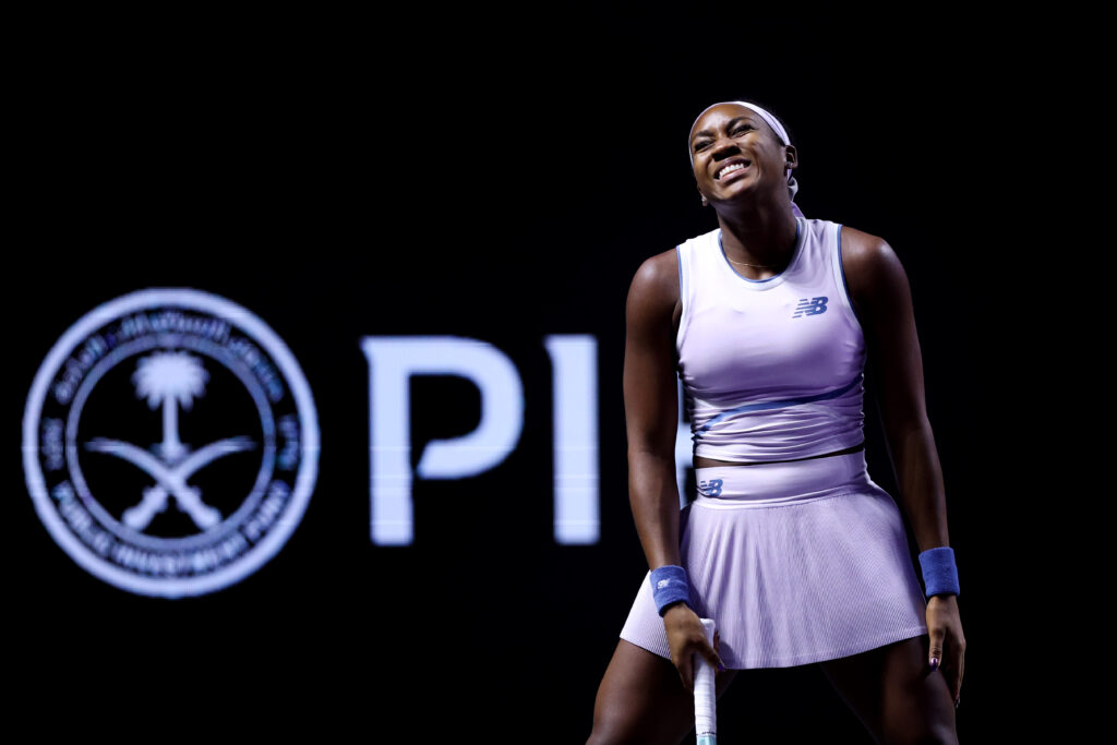 Coco Gauff of United States reacts against Aryna Sabalenka during their Round Robin Singles match on day six of the WTA Finals Riyadh as part of the Hologic WTA Tour 2025 at King Saud University Indoor Arena on November 06, 2025 in Riyadh, Saudi Arabia.