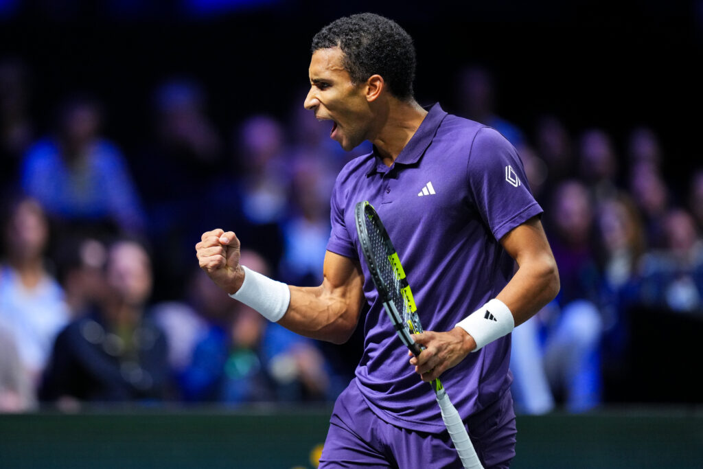 Felix Auger-Aliassime of Canada celebrates a point against Jannik Sinner of Italy during the Men's Singles Final match on day seven of the Rolex Paris Masters.