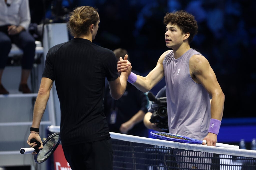 Alexander Zverev of Germany (L) shake hand with Ben Shelton of Usa (R) at the end of the Round Robin singles match between Alexander Zverev of Germany and Ben Shelton of Usa on Day One of the Nitto ATP World Tour Finals. Alexander Zverev wins 6-3, 7-6 over Ben Shelton.