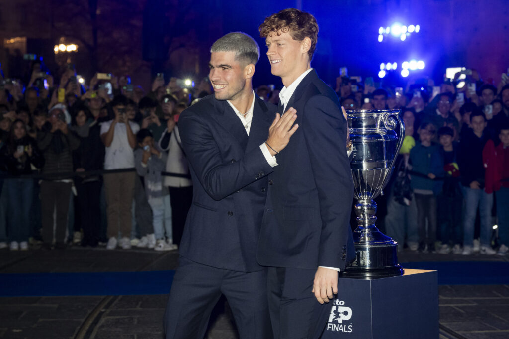 Spanish tennis player Carlos Alcaraz and Italian tennis player Jannik Sinner attend the Blue Carpet during the Nitto ATP Finals 2025 on November 7, 2025 in Turin, Italy.