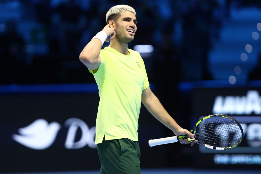 Carlos Alcaraz of Spain celebrates during the Round Robin singles match between Carlos Alcaraz of Spain and Taylor Fritz of Usa on Day three of the Nitto ATP World Tour Finals. Carlos Alcaraz wins 6-7, 7-5, 6-3 over Taylor Fritz.