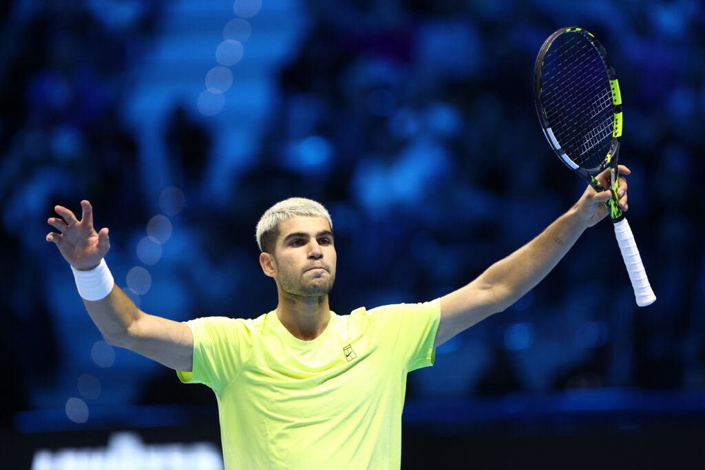 Carlos Alcaraz of Spain celebrates at the end of the Round Robin singles match between Carlos Alcaraz of Spain and Taylor Fritz of Usa on Day three of the Nitto ATP World Tour Finals.