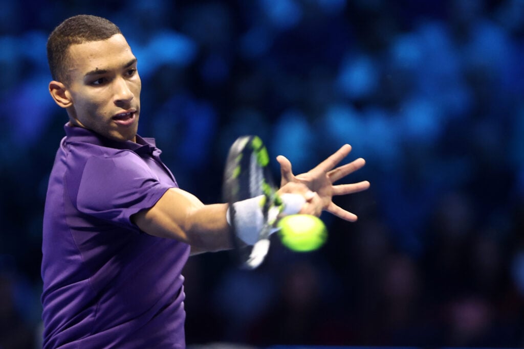 Felix Auger-Aliassime of Canada in action during the Round Robin singles match between Ben Shelton of Usa and Felix Auger-Aliassime of Canada on Day four of the Nitto ATP World Tour Finals.