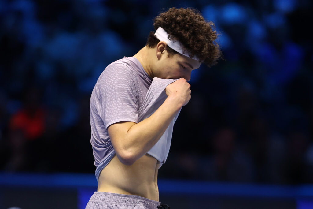 Ben Shelton of USA looks dejected during the Round Robin singles match between Ben Shelton of Usa and Felix Auger-Aliassime of Canada on Day four of the Nitto ATP World Tour Finals.