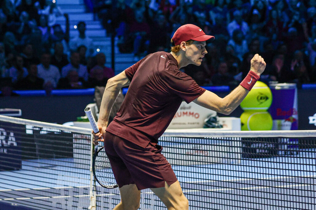 Jannik Sinner of Italy plays in the Men's Singles Round match against Alexander Zverev of Germany during day four of the Nitto ATP Finals 2025 at Inalpi Arena in Turin, Italy, on November 12, 2025.