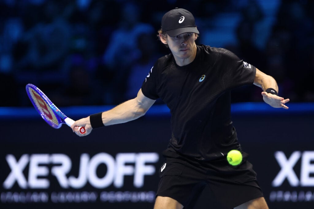 Alex De Minaur of Australia controls the ball during the singles match between Taylor Fritz of Usa and Alex De Minaur of Australia during day five of the Nitto ATP Finals 2025 at Inalpi Arena on November 13, 2025 in Turin, Italy.