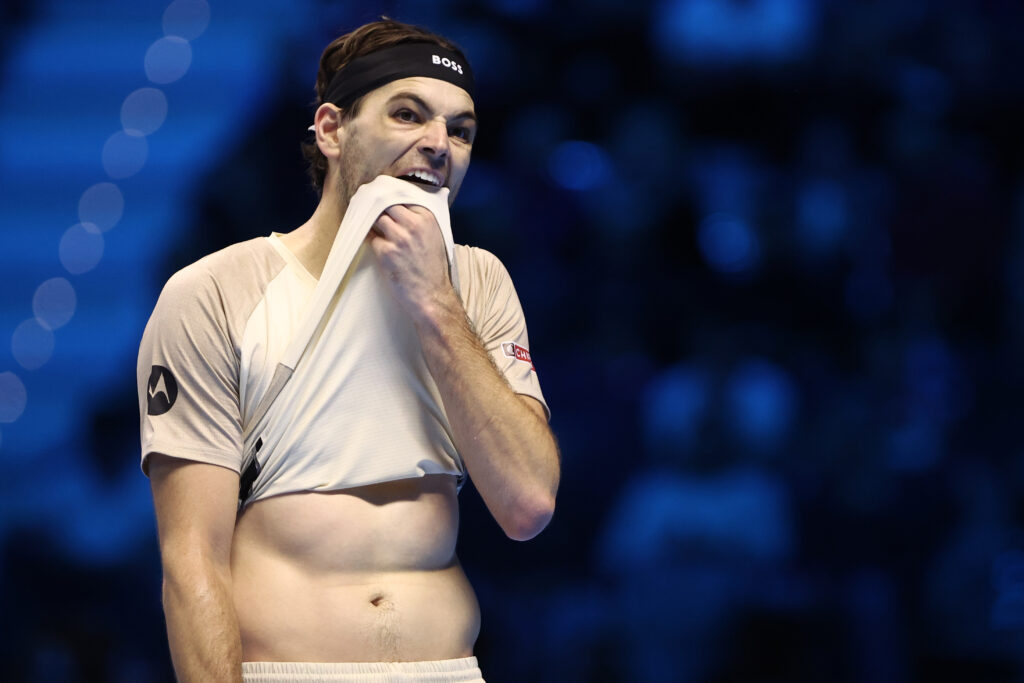 Taylor Fritz of USA looks dejected during the singles match between Taylor Fritz of Usa and Alex De Minaur of Australia during day five of the Nitto ATP Finals 2025 at Inalpi Arena on November 13, 2025 in Turin, Italy.