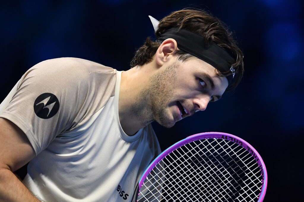 Taylor Fritz of the United States reacts against Alex de Minaur of Australia during the Men's Singles Group Stage match on day five of the Nitto ATP Finals 2025/
