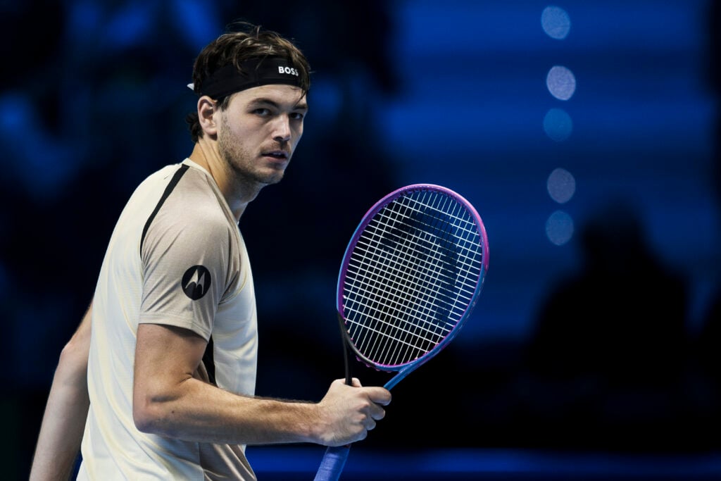 Taylor Fritz of USA celebrates during his round robin singles match against Alex de Minaur of Australia during day five of the Nitto ATP Finals 2025. Alex de Minaur won 7-6(3), 6-3.