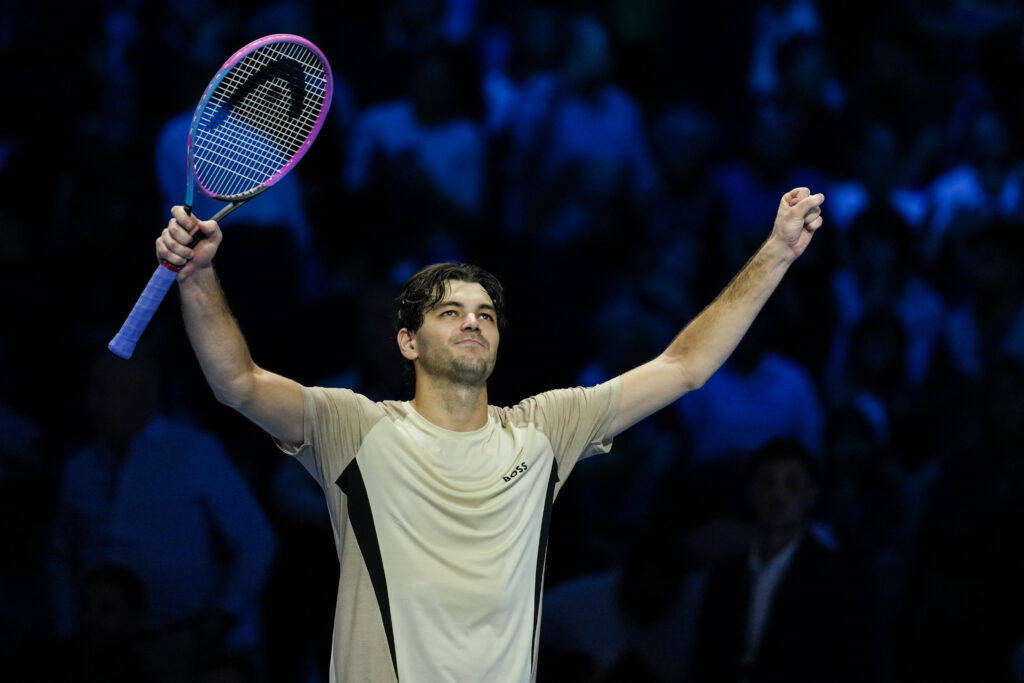 Taylor Fritz of the United States celebrates the victory in the Men's Singles Group Stage match against Lorenzo Musetti of Italy during day two of the Nitto ATP Finals 2025 at Inalpi Arena on November 10, 2025
