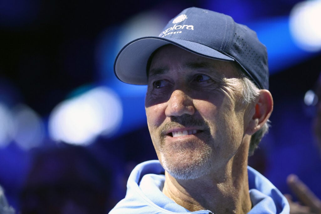 Darren Cahill, coach of Jannik Sinner, looks on during the Round Robin singles match between Jannik Sinner of Italy and Ben Shelton of Usa on Day six of the Nitto ATP World Tour Finals. Jannik Sinner wins 6-3, 7-6 over Ben Shelton.