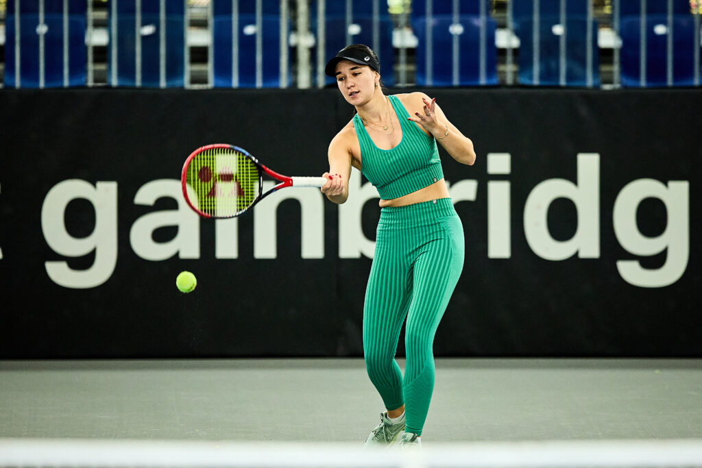 Eva Lys (GER) returns with forehand to Ella Seidel (GER) during a practice session prior to the Billie Jean King Cup Play-off Groups match between Germany and Turkiye.