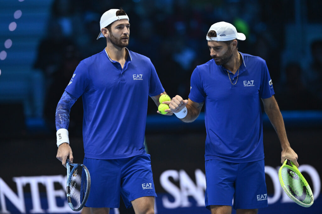 Simone Bolelli and Andrea Vavassori of Italy against Marcel Granollers of Spain and Horacio Zeballos of Argentina during day three of the Nitto ATP Finals 2025 at Inalpi Arena on November 11, 2025