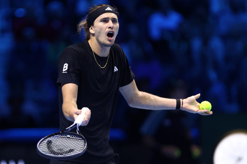 Alexander Zverev of Germany looks dejected during the Round Robin singles match between Alexander Zverev of Germany and Felix Auger-Aliassime of Canada on Day six of the Nitto ATP World Tour Finals. Felix Auger-Aliassime wins 6-4, 7-6 over Alexander Zverev.