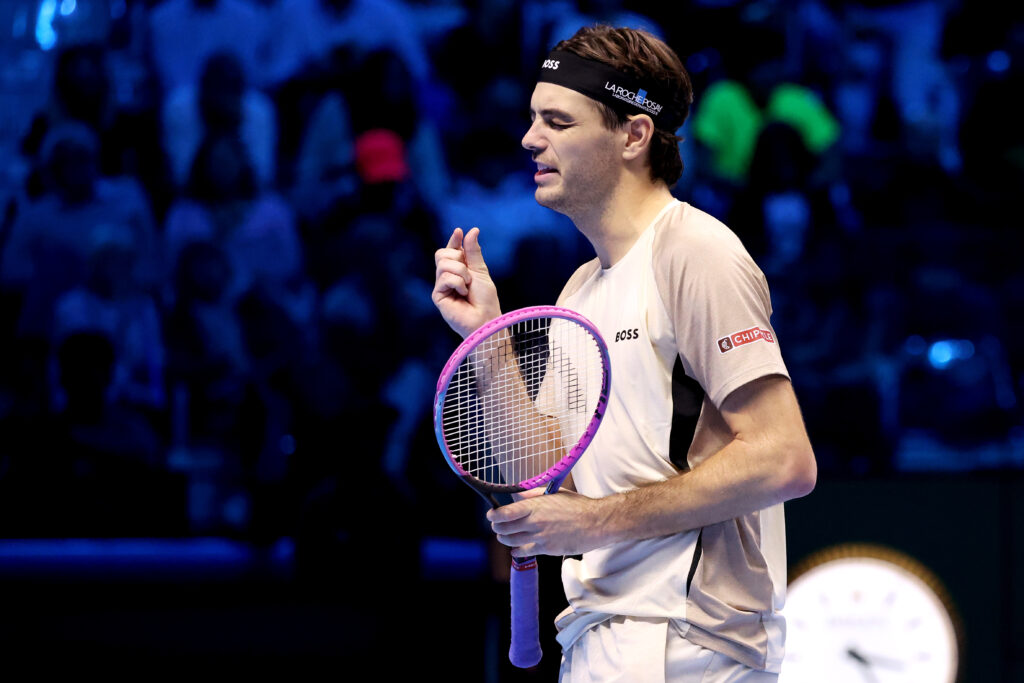 Taylor Fritz of United States reacts during the Men’s Singles Group Stage match against against Carlos Alcaraz of Spain on day three of the Nitto ATP Finals 2025.