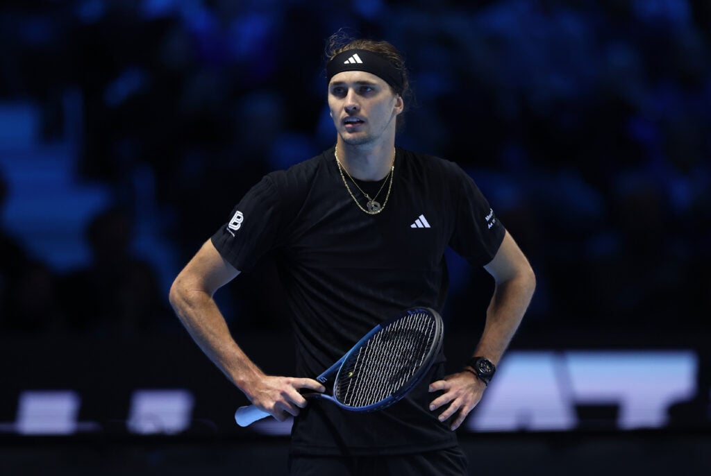 Alexander Zverev of Germany looks on against Jannik Sinner of Italy during their Round Robin Singles match on day four of the Nitto ATP Finals 2025 at Inalpi Arena on November 12, 2025 in Turin, Italy.