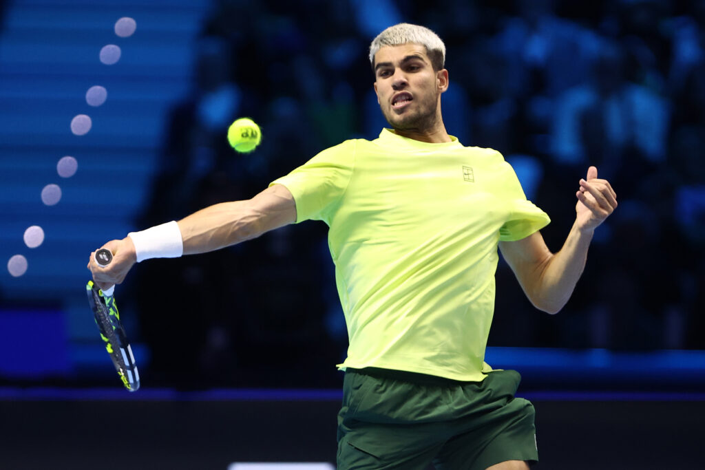 Carlos Alcaraz of Spain in action during the semi-final singles match between Carlos Alcaraz of Spain and Felix Auger-Aliassime of Canada during day seven of the Nitto ATP finals.