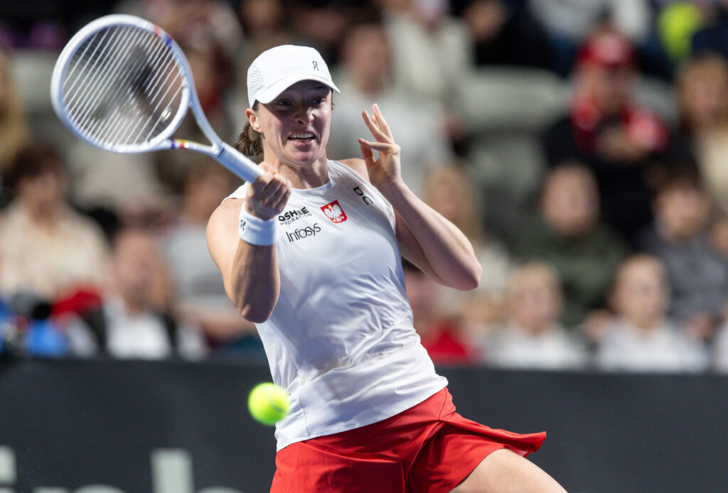 Iga Swiatek during Billie Jean King Cup - Poland vs Romania play-off match in Gorzow Wielkopolski, Poland on November 16, 2025.