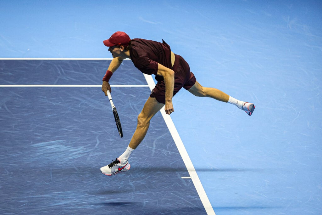 Jannik Sinner of Italy plays in the Final Men's Singles Round match against Carlos Alcaraz of Spain during day eight and the final of the Nitto ATP Finals 2025.
