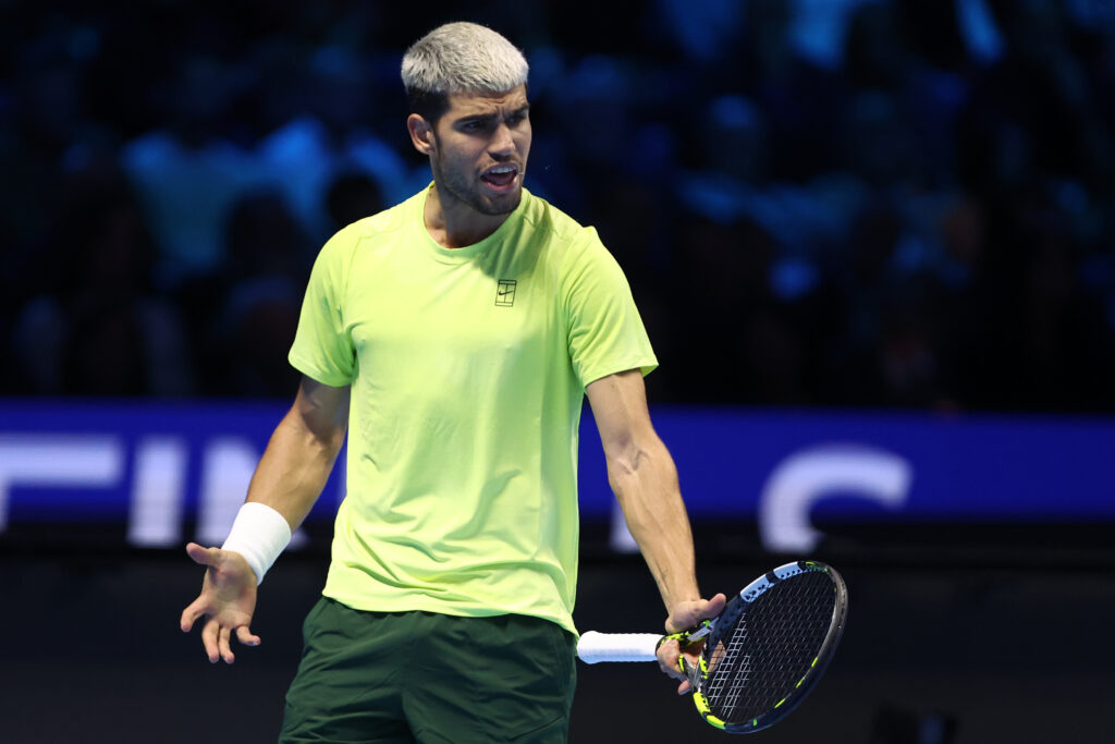 Carlos Alcaraz of Spain looks dejected during the final singles match between Carlos Alcaraz of Spain and Jannik Sinner of Italy on Day eight of the Nitto ATP World Tour Finals.