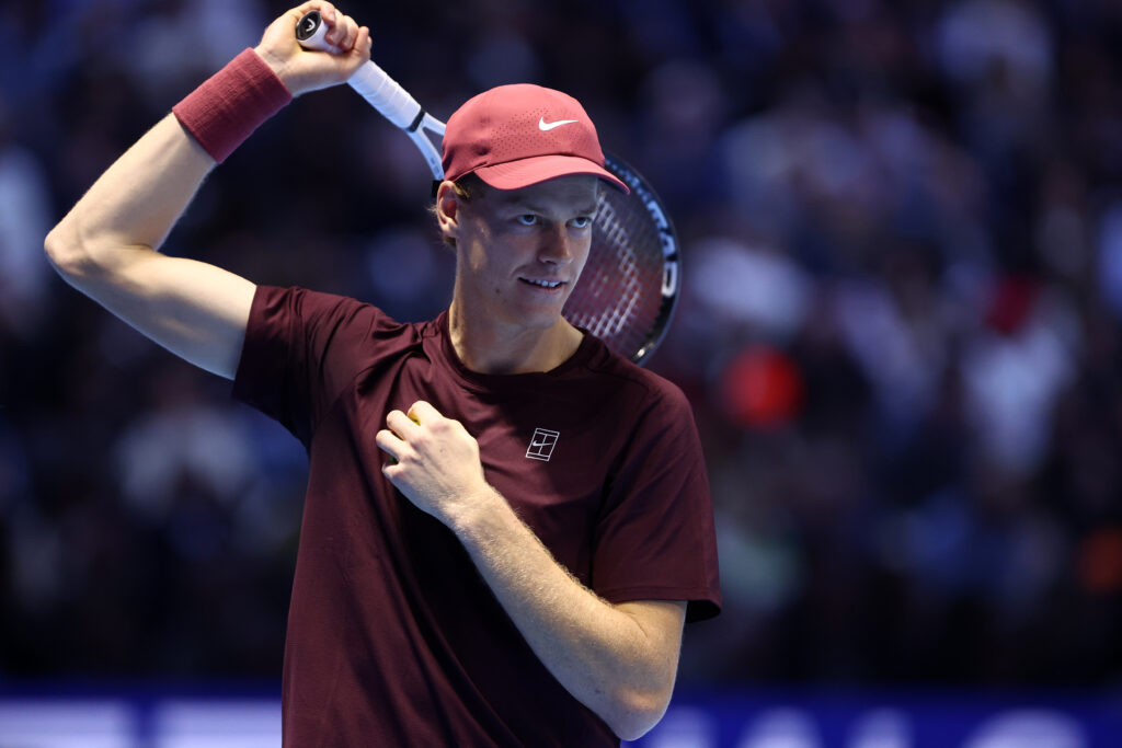 Jannik Sinner of Italy looks on during the final singles match between Carlos Alcaraz of Spain and Jannik Sinner of Italy on Day eight of the Nitto ATP World Tour Finals.
