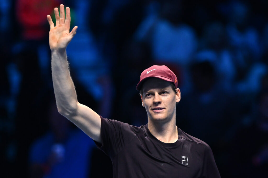 Jannik Sinner of Italy celebrate win against Ben Shelton of United States during day six of the Nitto ATP Finals 2025 at Inalpi Arena on November 14, 2025 in Turin, Italy.