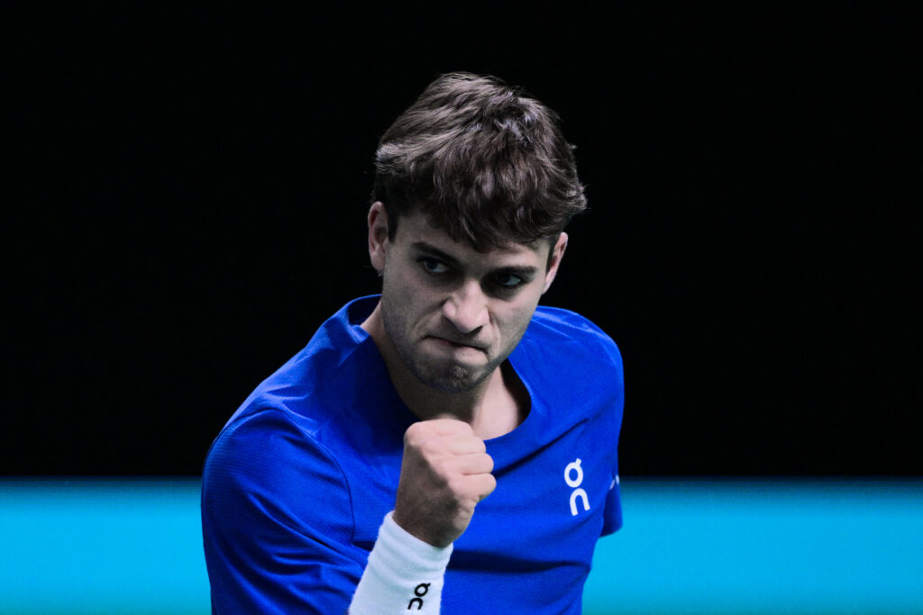 Italy's Flavio Cobolli reacts against Austria's Filip Misolic during their Davis Cup men's singles quarter finals tennis match, at the Super Tennis Arena, in Bologna