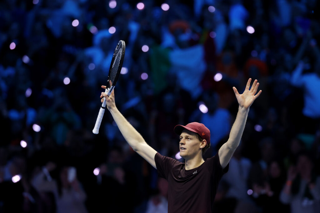 Jannik Sinner of Italy celebrates winning the match during the Men's Singles Final against Carlos Alcaraz of Spain on day eight of the Nitto ATP Finals 2025 at Inalpi Arena on November 16, 2025 in Turin, Italy.