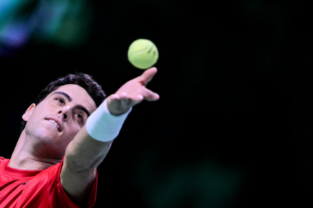Spain's Jaume Munar Clar serves to Czech Republic's Jiri Lehecka during their Davis Cup men's singles quarter finals tennis match, at the Super Tennis Arena, in Bologna, northen Italy, on November 20, 2025.