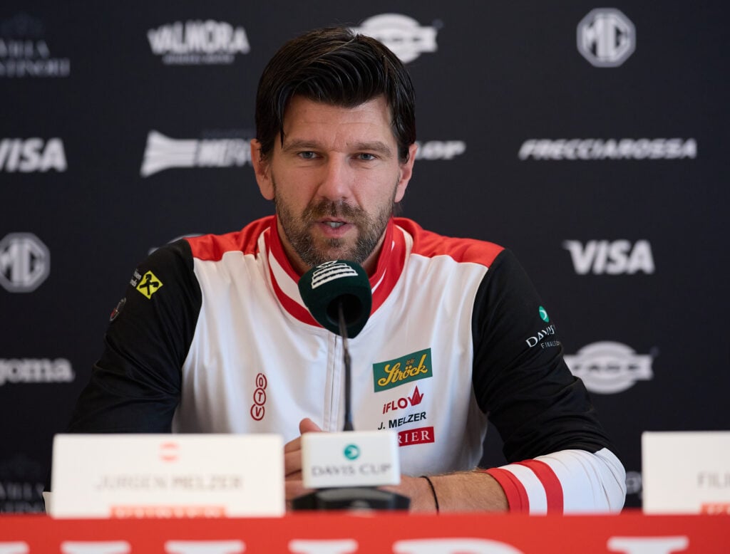 Jurgen Melzer, captain of team Austria speaks during a press conference ahead the Davis Cup Quarter final between Austria and Italy at the Davis Cup Finals at BolognaFiere Exhibition Centre on November 17, 2025 in Bologna, Italy.
