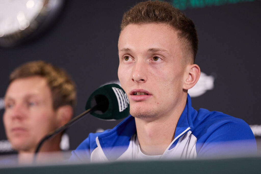 Jiri Lehecka of Czechia speaks during a Press Conference ahead the Davis Cup Quarter final between Spain and Czechia at the Davis Cup Finals at BolognaFiere Exhibition Centre on November 17, 2025 in Bologna, Italy.