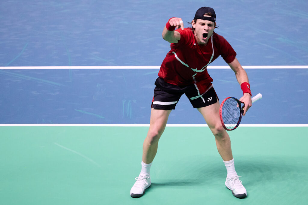 Zizou Bergs of Belgium celebrates victory in his match against Arthur Rinderknech of France during the Davis Cup Quarter-Final match between France and Belgium at BolognaFiere Exhibition Centre on November 18, 2025 in Bologna.