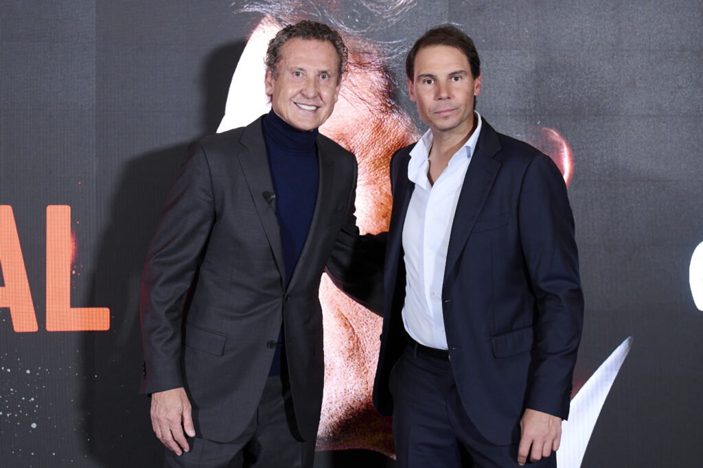 Jorge Valdano (L) and Rafa Nadal (R) attend the "Universo Valdano: Rafa Nadal" photocall at Espacio Movistar on November 20, 2025 in Madrid, Spain.
