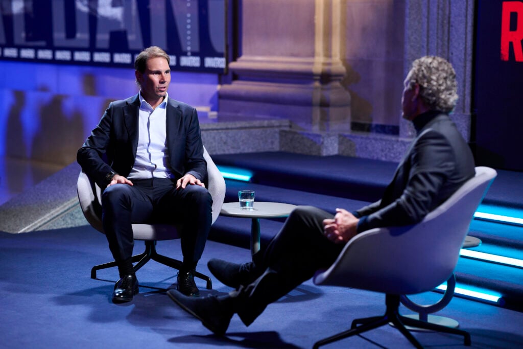 Rafa Nadal (L) and Jorge Valdano (R) talk during the recording of the television program "Universo Valdano: Rafa Nadal" at Espacio Movistar on November 20, 2025 in Madrid, Spain.
