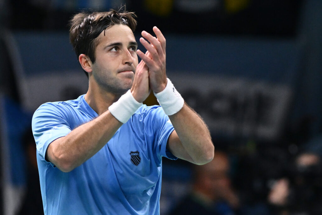 Tomas Martin Etcheverry of Argentina celebrate win against Jan-Lennard Struff of Germany during the Davis Cup Quarter-Final during the Davis Cup Quarter-Final match between Argentina and Germany at BolognaFiere Exhibition Centre on November 20, 2025.