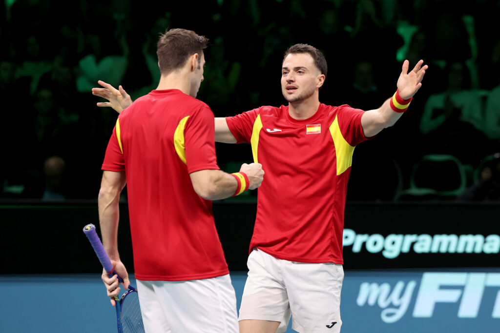 Pedro Martinez and Marcel Granollers of Spain celebrate after winning their doubles match against Tim Puetz and Kevin Krawietz of Germany during the Davis Cup Semi-Final match between Spain and Germany at BolognaFiere Exhibition Centre.