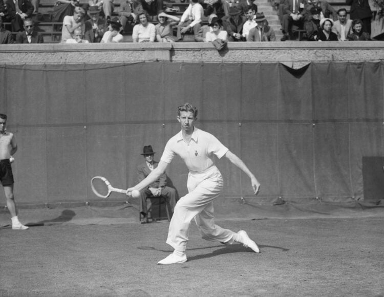 (Original Caption) 1938-New York, NY: Action photo of Don Budge.